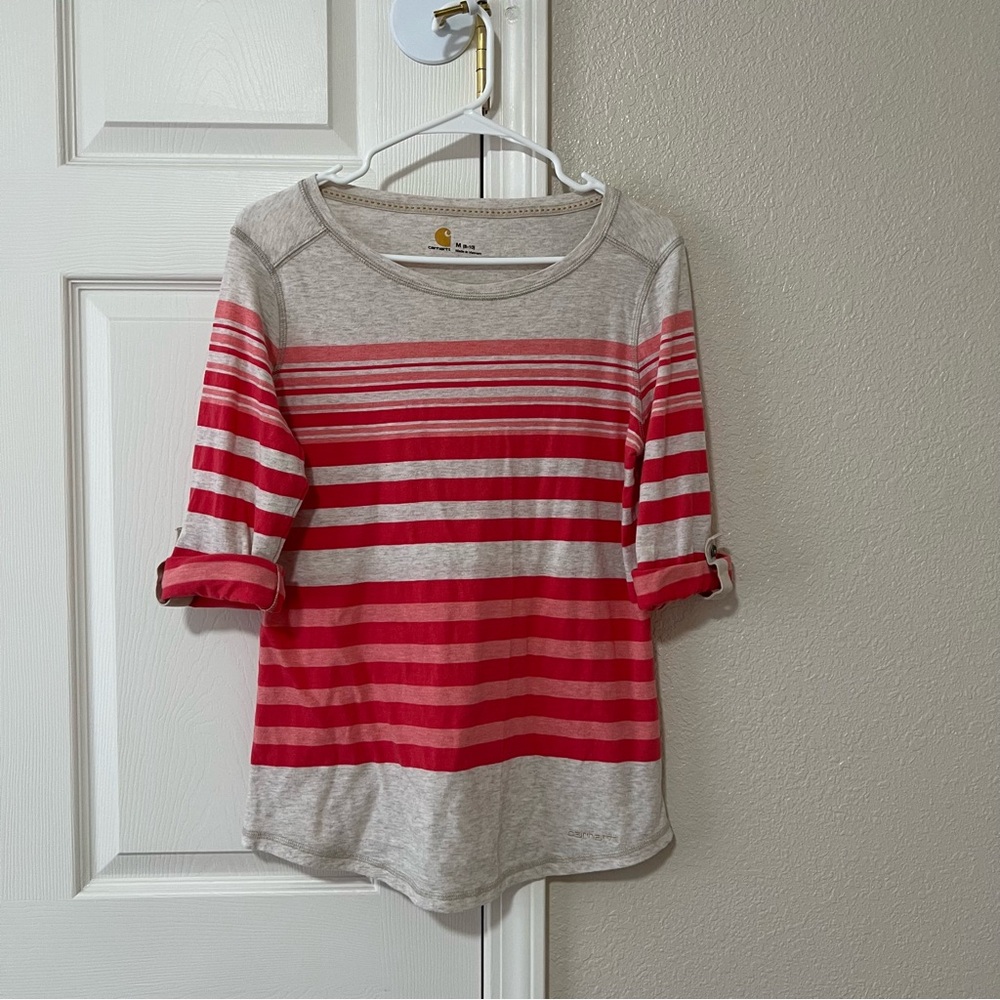 Carhartt Coral Pink Stripe 3/4 Sleeve Retro Y2K Shirt Medium 8/10